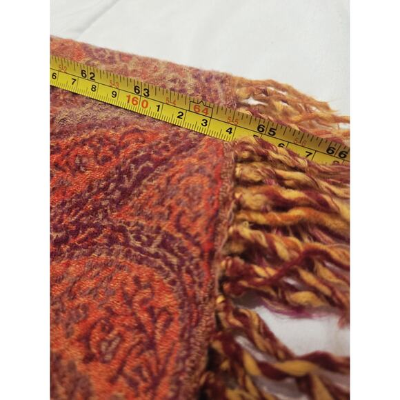 CORAL RED PAISLEY PASHMINA 100% Pure New Wool Boho Hippy Cottagecore Preppy - Picture 5 of 6